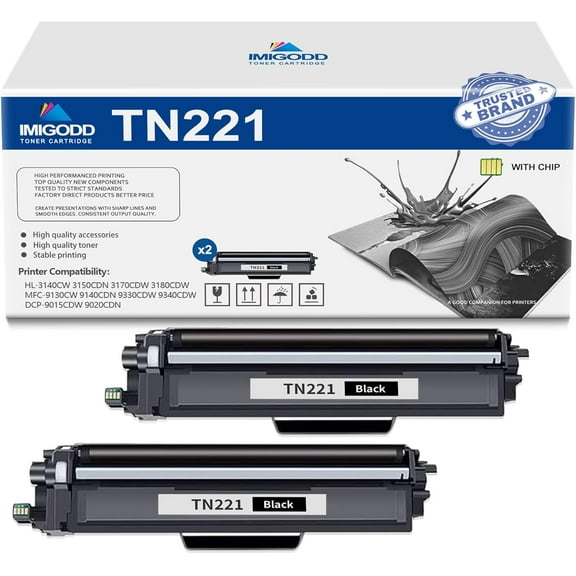 2-Pack TN221 Black Toner Cartridge (with Chip) Replacement for Brother High Capacity 3,000 Pages with HL-3140CW 3150CDN 3170CDW 3180CDW MFC-9130CW 9140CDN 9330CDW 9340CDW DCP-9015CDW 9020CDN Printer