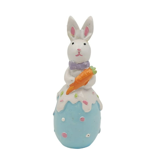 Blue Easter Resin Bunny Figurine 4.7 Inch Cute Rabbit Statue Holding Egg For Home Table Shelf Mantel Centerpiece Garden Spring Party Decoration