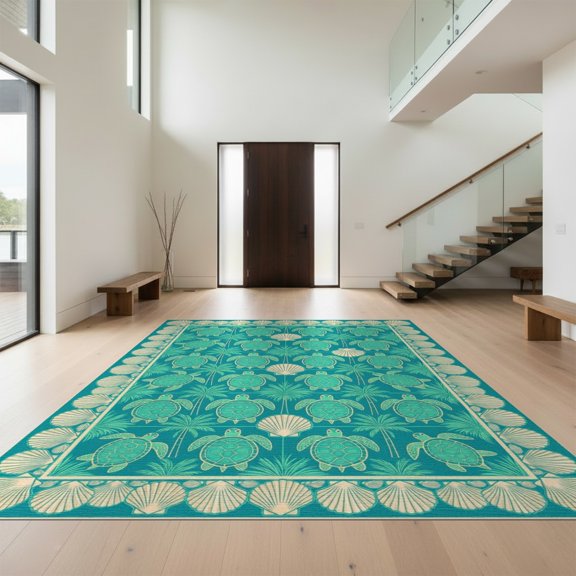 Design&I 8'x10' Washable Area Rug Beach Nautical Ocean Tropical With Seashell Border Sea Turtle Refined Structured for King Size Bedroom, Under Bed, Sleek Flatweave Pet Friendly