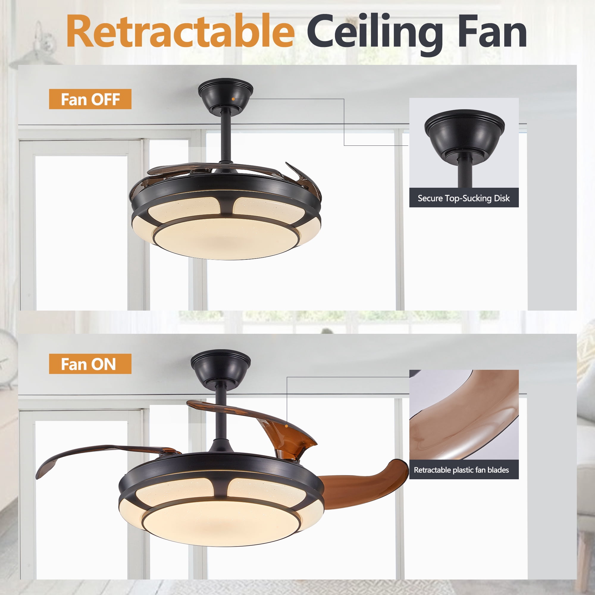 Leumius 42" Retractable Ceiling Fan with Light, Modern LED Chandelier Fan with Remote Control, 6 Speed Adjustable Blades,Quiet DC Motor,Dimmable Lighting for Living Room Bedroom Dining Room