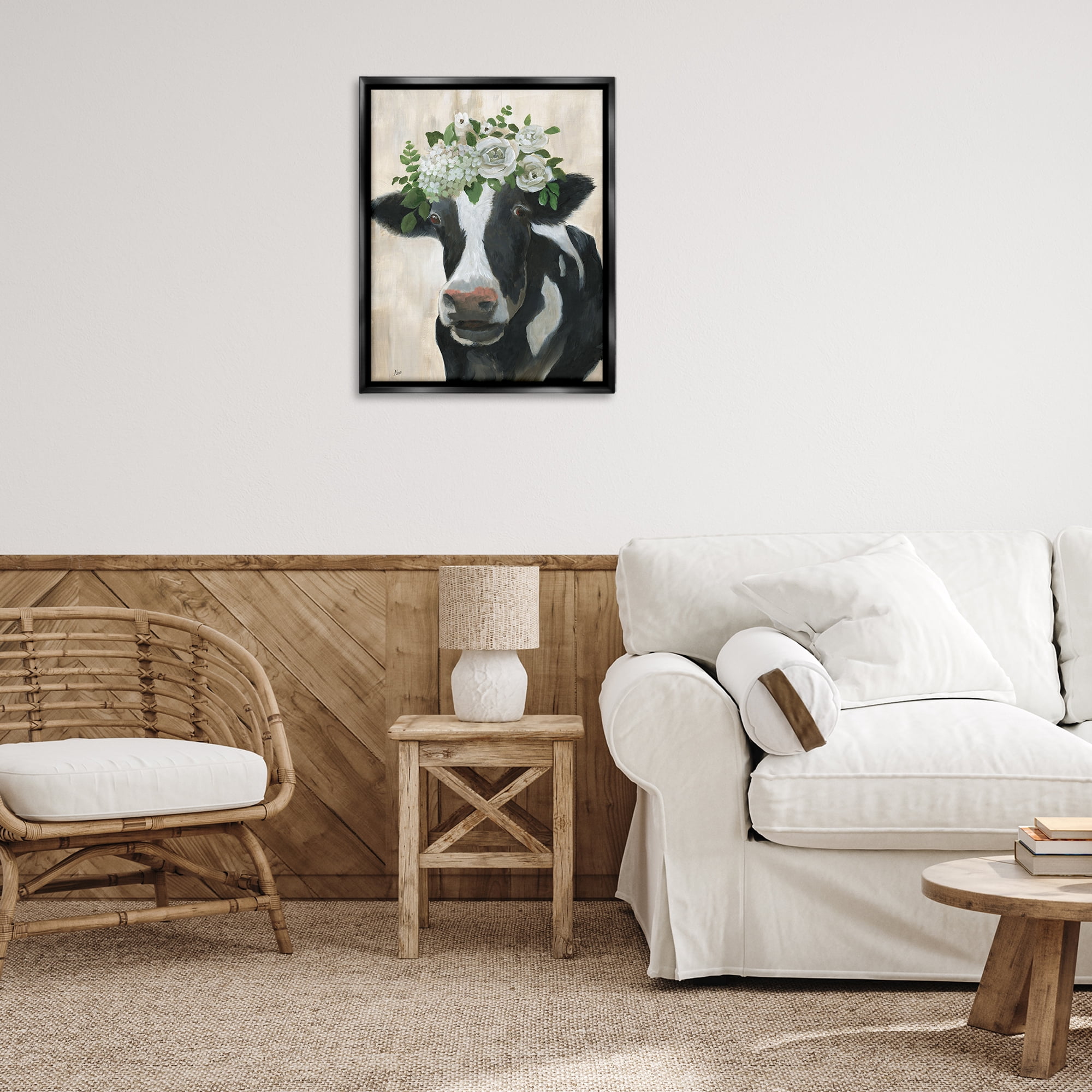 Stupell Industries Floral Crown Cow Animals & Insects Painting Black Floater Framed Canvas Art Print Wall Art, 25 x 31