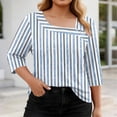 thumbnail image 2 of VEKDONE Womens Stripe Plus Size Tops 3/4 Length Sleeve Loose Fit Blouse Asymmetrical Neck Button Tunic Tops Summer Fashion Clothes Light Blue XXL, 2 of 7