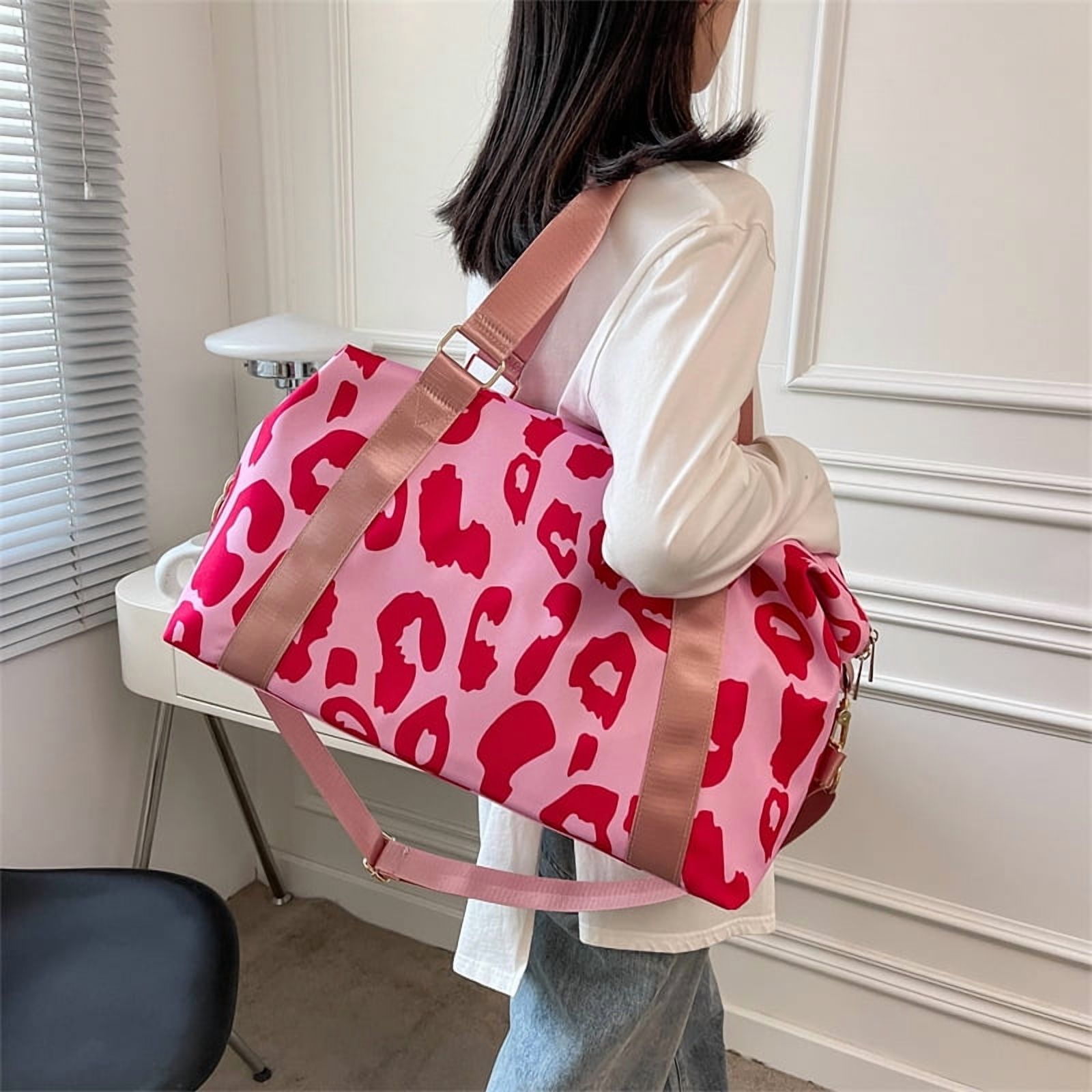 Cow Print Travel Duffle Bags for Womens, Pink Leopard Sports Tote Gym Bag,Carry on Overnight Workout Bag with Trolley Sleeve Wet Pocket Beach Yoga, Cow, Animal Sport Travel