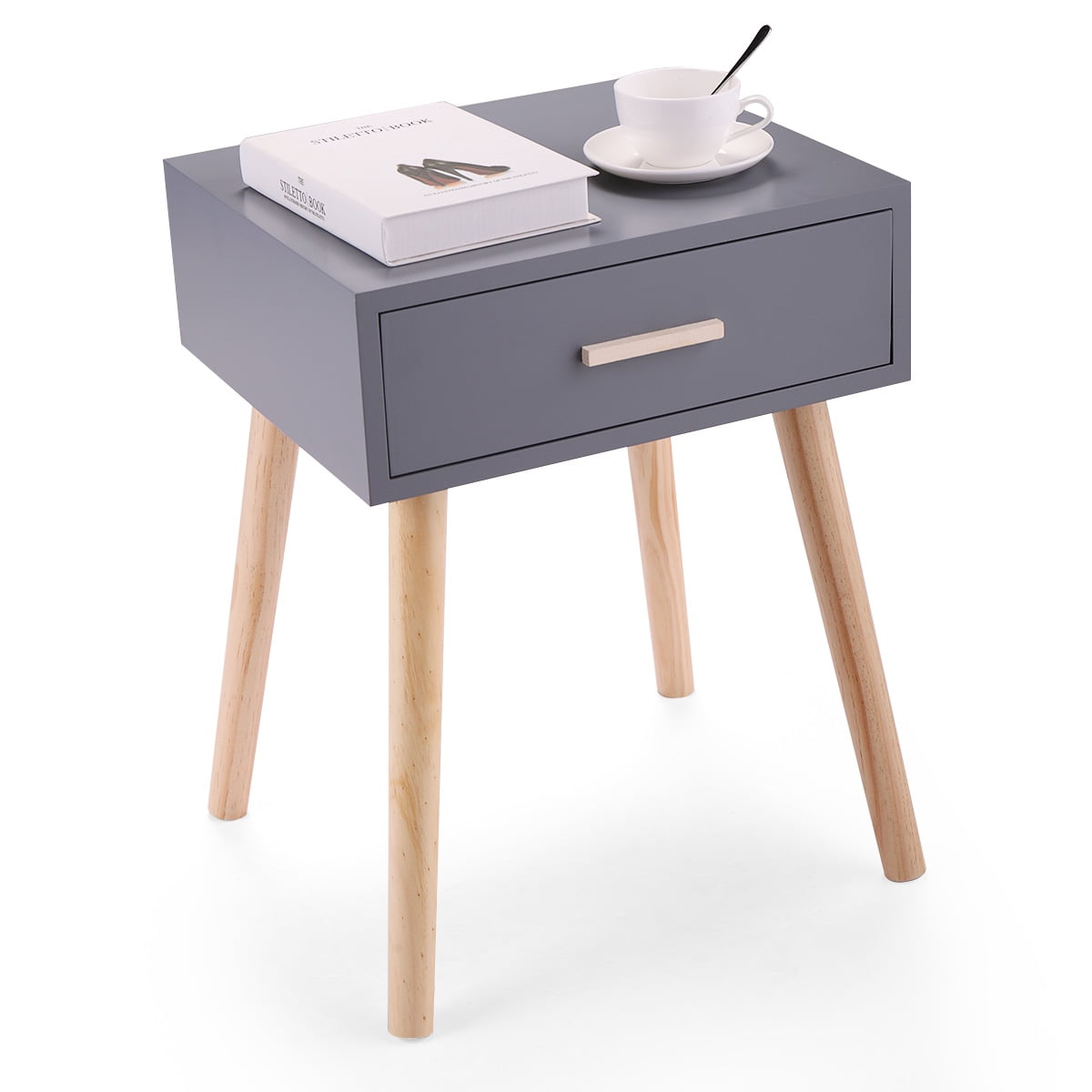 Jaxpety Bedside Table with a drawer and Wooden Legs Nightstand Living