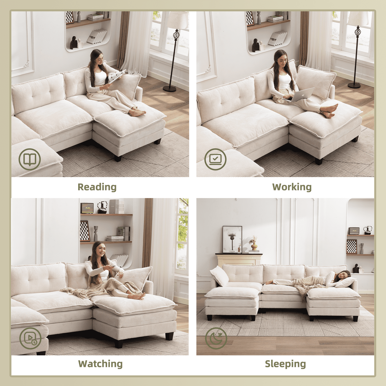 AIKEMING 112" U-Shaped Cloud Couch, Oversized Modular Sectional Sofa with 3-Seater Comfy Couch and 2 Movable Ottomans for Living Room, Beige