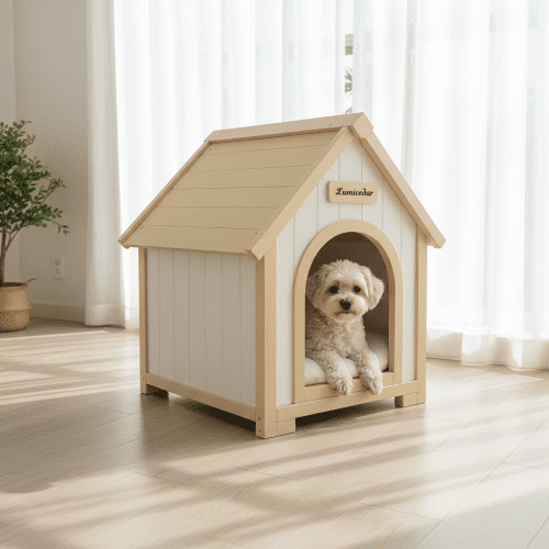 Indoor Wooden Dog House for Small Dogs and Cats Solid Cedar A-Frame Pet House with EVA Cushion Scandinavian Design, Creamy White,Light Yellow