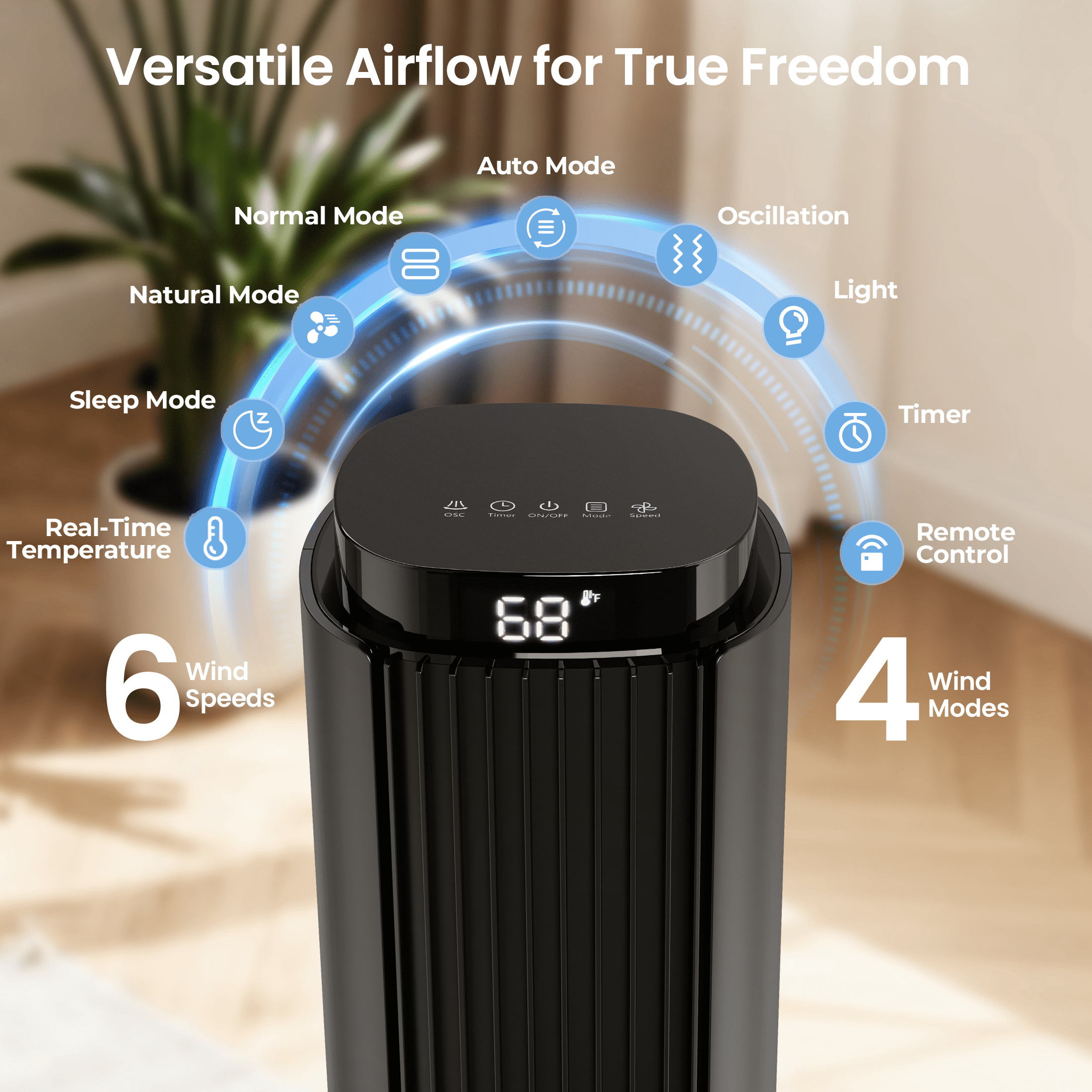 KISSAIR 37" Tower Fan with Remote, 6 Speeds, 4 Modes, LED Display, 12H Timer, 90° Oscillating, Bladeless Quiet Fan for Bedroom, Home & Office, Black