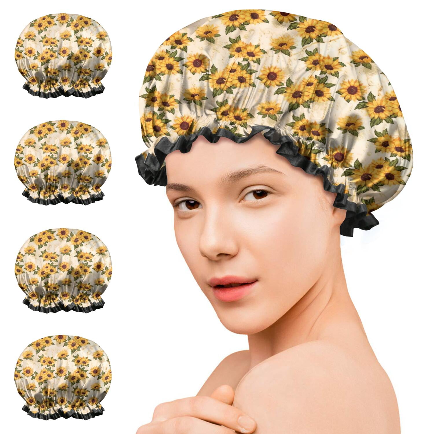 Shower Caps,Beige Sunflower Cluster Pattern Waterproof Shower Cap for Women 4 Pieces,Double Reusable Hair Cover for Shower PEVA Elastic Stretch Hem