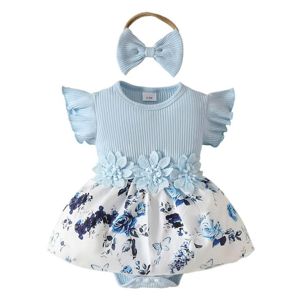 Newborn Onesies Girl Sleeveless Ribbed Floral Applique Dress Summer Casual With Textured Fabric Baby Romper Blue 9 Months-12 Months