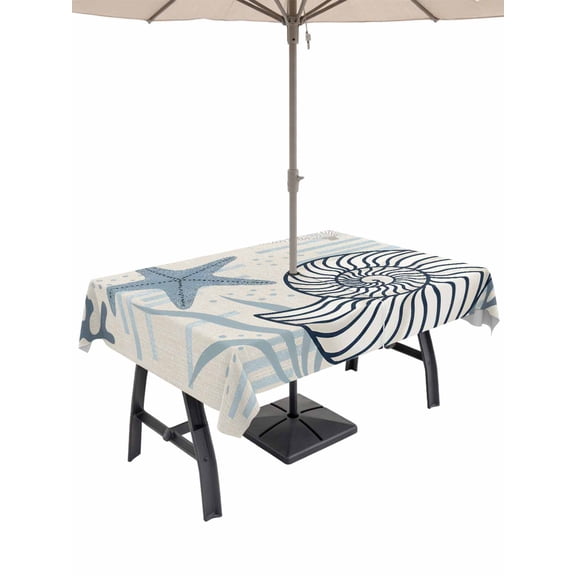 Outdoor Tablecloth with Umbrella Hole for Patio/Picnic/Party/Camping, Vintage Blue Coastal Waterproof Table Cloth Rectangle Table Cover Washable, Nautical Starfish Coral Summer Ocean Retro (52"x 70")