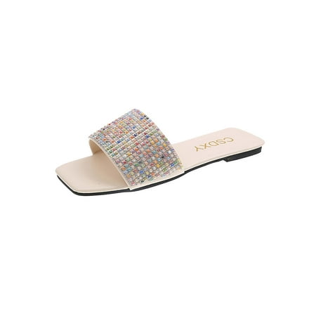 

Ritualay Womens Sandal Summer Flat Sandals Beach Slides Lightweight Anti Skid Slippers Women Ladies Rhinestone Shoes Beige 5.5
