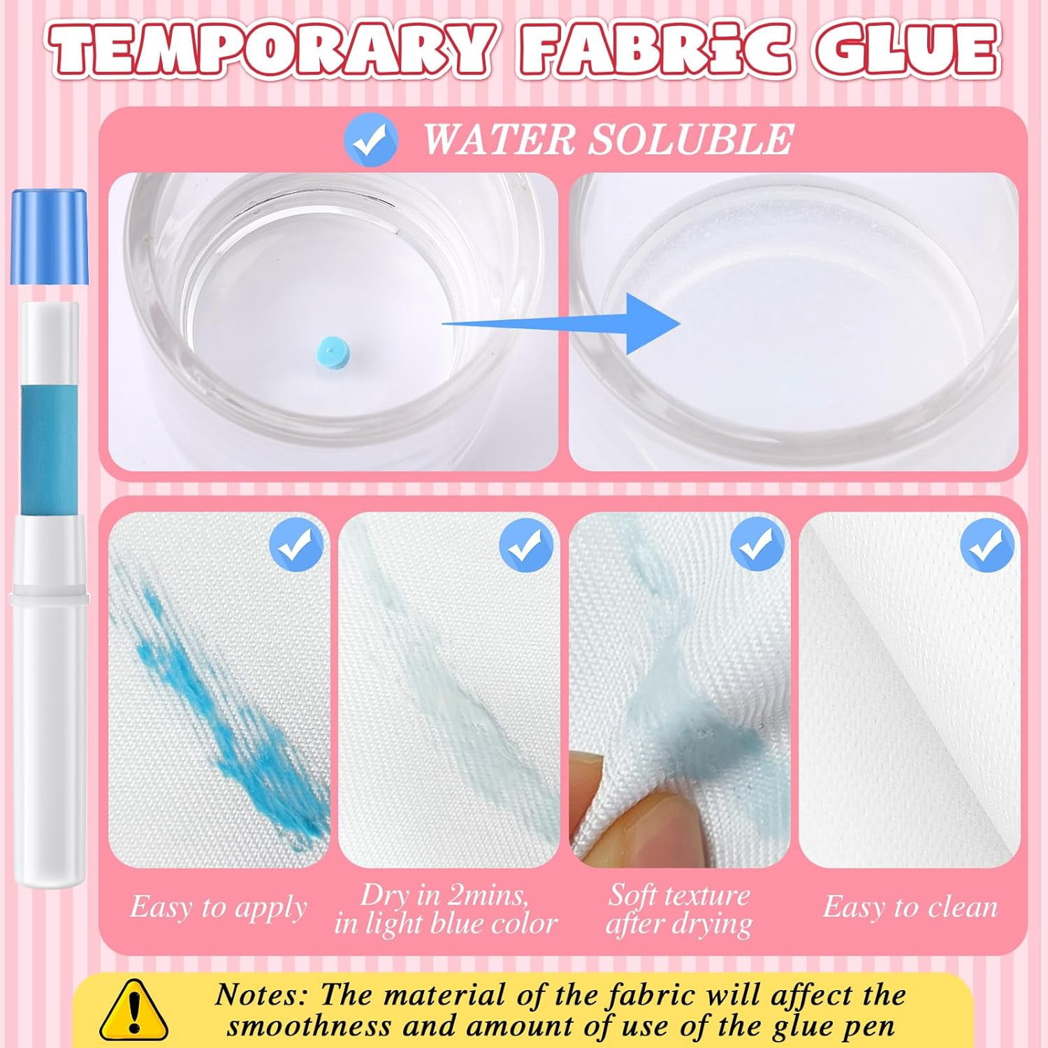 6 Pack Fabric Glue Pen Refills, Washable Temporary Fabric Sewing Adhesive, 2" L x 0.6" W, Water Soluble Blue Glue Stick Refills for English Paper, Quilting, Piecing Patchwork Sewing