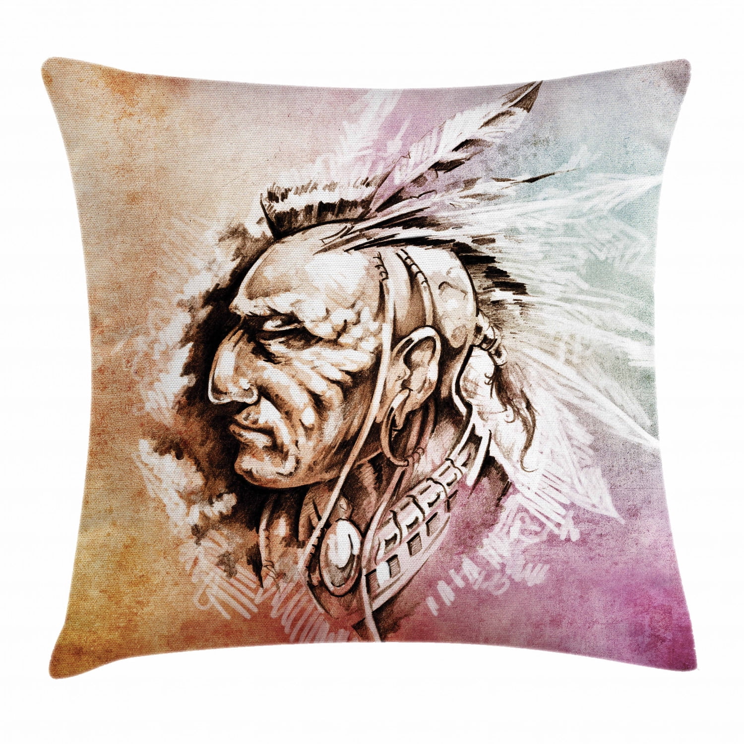 Native Throw Pillow Cushion Cover, Sketch of American Native with
