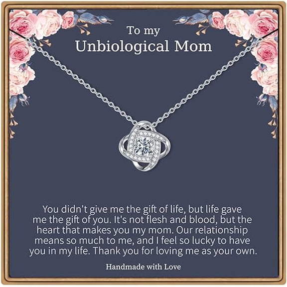 Zircon Necklace To My Unbiological Mom on My Wedding Day, Love Knot Necklace for Step Mother from Step Daughter with Message Card and Gift Box, Birthday Gift for Step Mom from Step Daughter