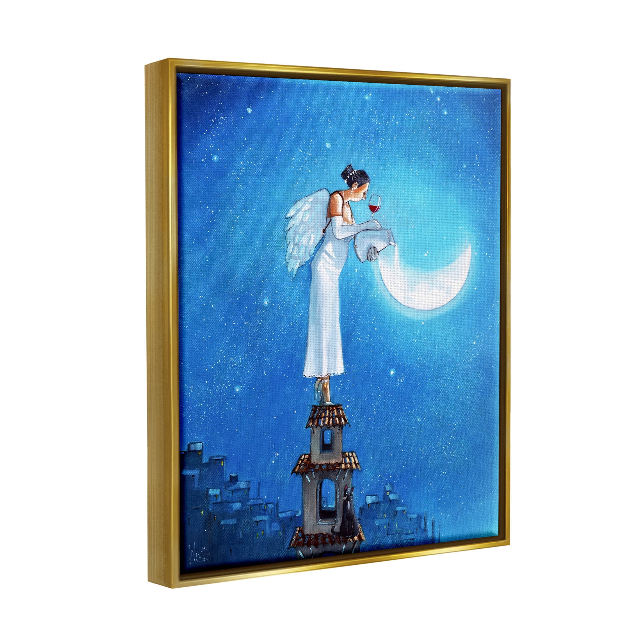 Angel Pouring Moon Cityscape Landscape Painting Metallic Gold Framed Art Print Wall Art