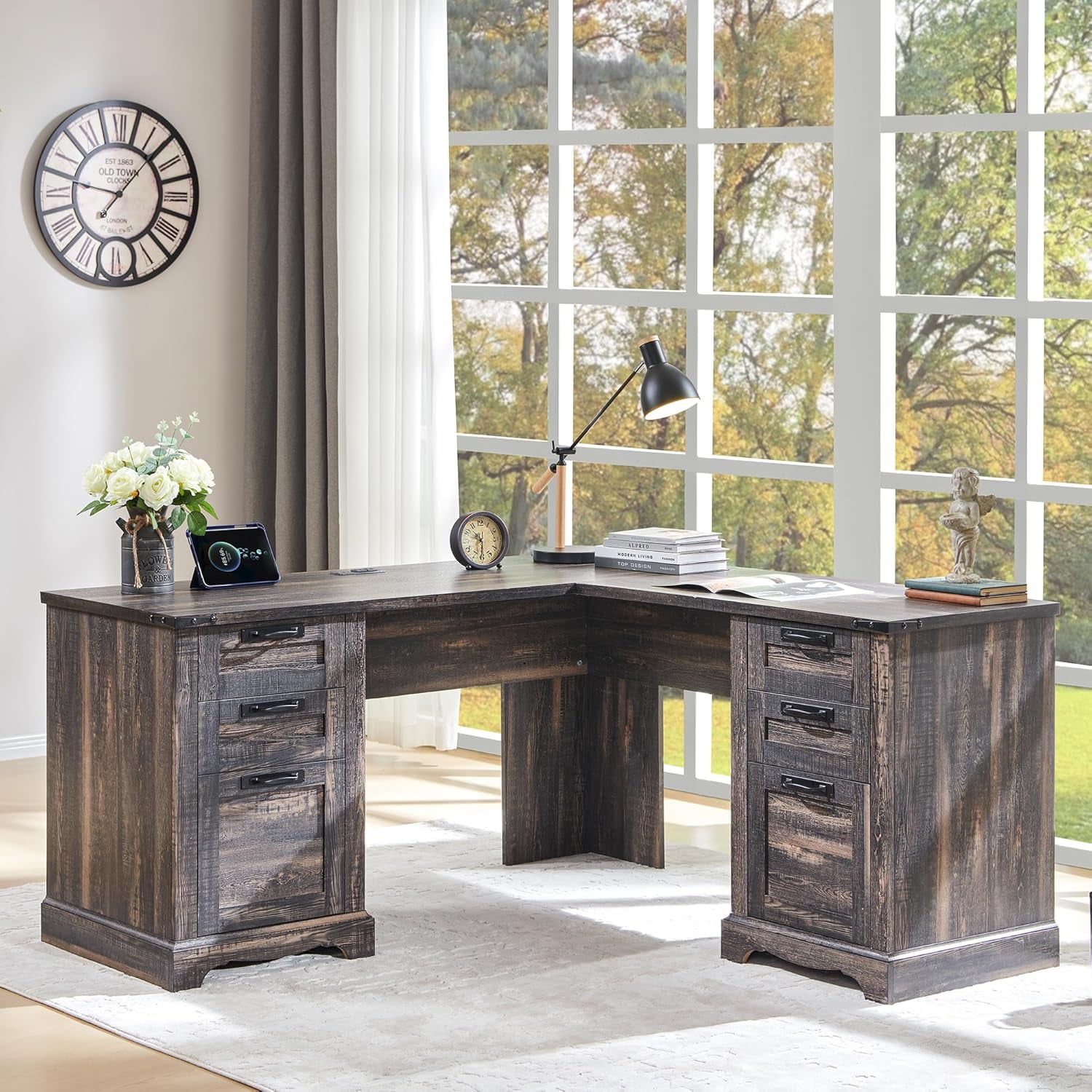 OKD 60" Farmhouse L Shaped Executive Desk with Storage Drawers, Wood Home Office Desk with File Cabinet & Charging Station, Dark Rustic Oak