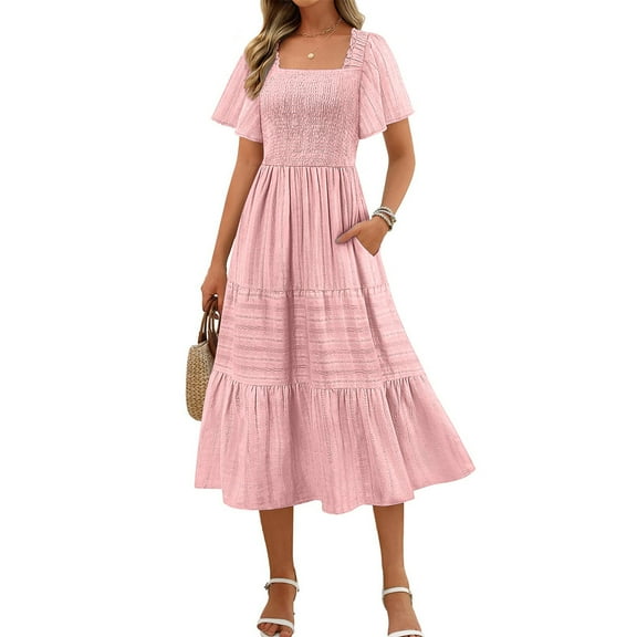 OSFVNOXV Boho Smocked Dress for Women Casual Tiered Swing Dress Summer High Waisted Square Neck Flowy Maxi Dress