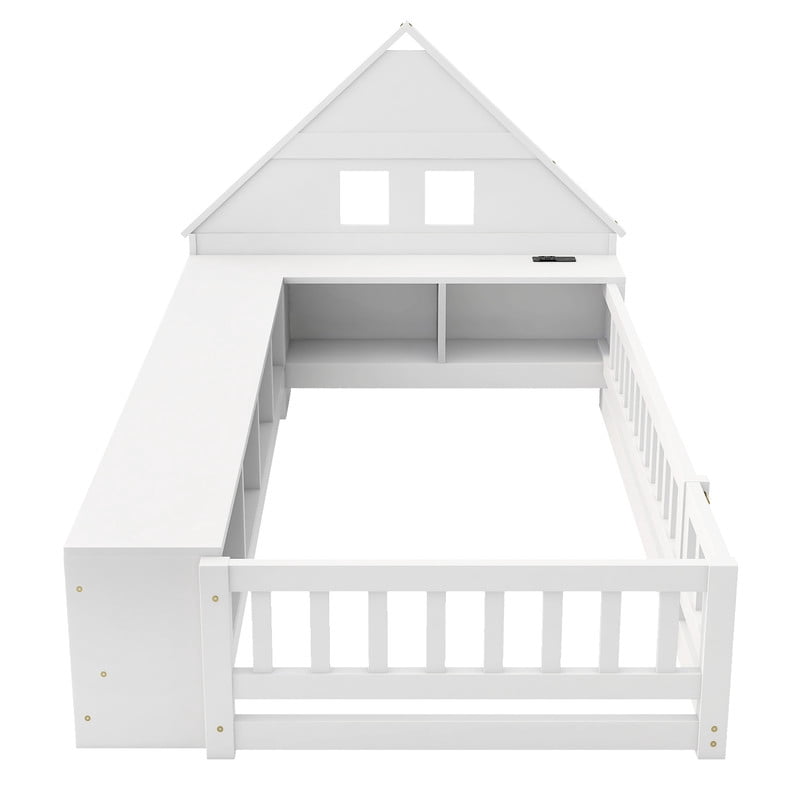 Twin Size Wood Floor Bed with Guardrail & Small Door, House-Shaped Bookcase Headboard Kids Platform Storage Bed with LED & Outlet