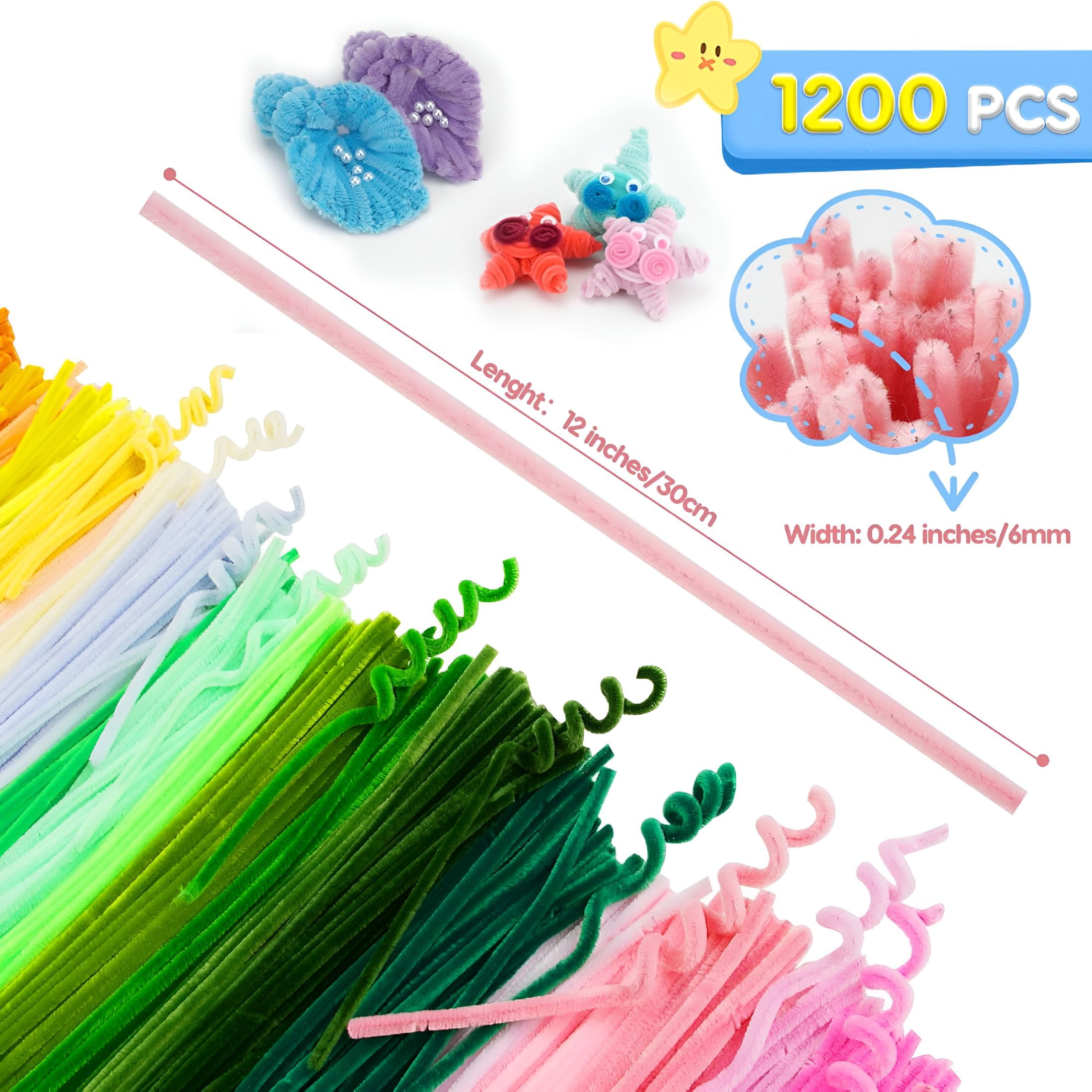 CCOCC 2026 New 1200Pcs Pipe Cleaners Craft,Pipe Cleaners Bulk for Arts&Crafts Supplies Multi-Color Chenille Stems Diy Project Room Decor,Christmas Decorations Creative Toys Gift(12Inch6Mm,48Colors)