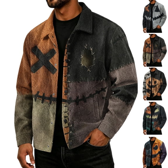 HAJWOH Mens Halloween Corduroy Jacket with Lapel Loose Fit Long Sleeve Fall Winter Coat