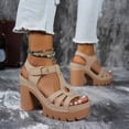 thumbnail image 2 of Rokment Women's Dressy Sandals 2026 Fashion Casual Leather Hollow out T-Strap Platform Chunky Block High Heels Dress Pumps Comfortable Heeled Walking Summer Shoes for Ladies Khaki Size 7.5, 2 of 3