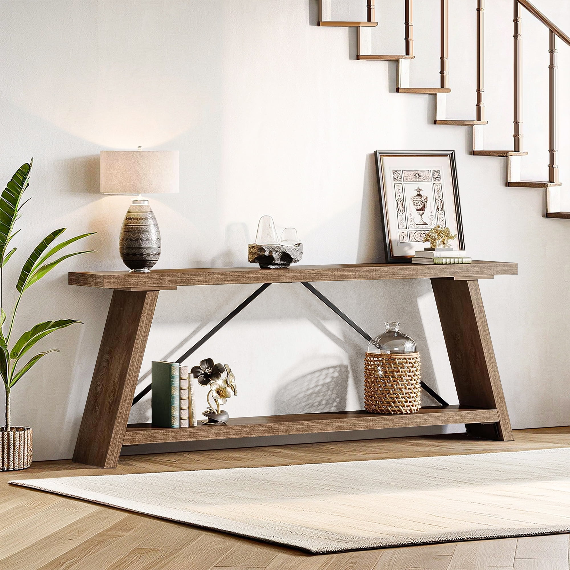 Demi Bonn 70.9" Console Table, Rustic Vintage Narrow Sofa Table for Entryway, Living Room, Hallway, Walnut