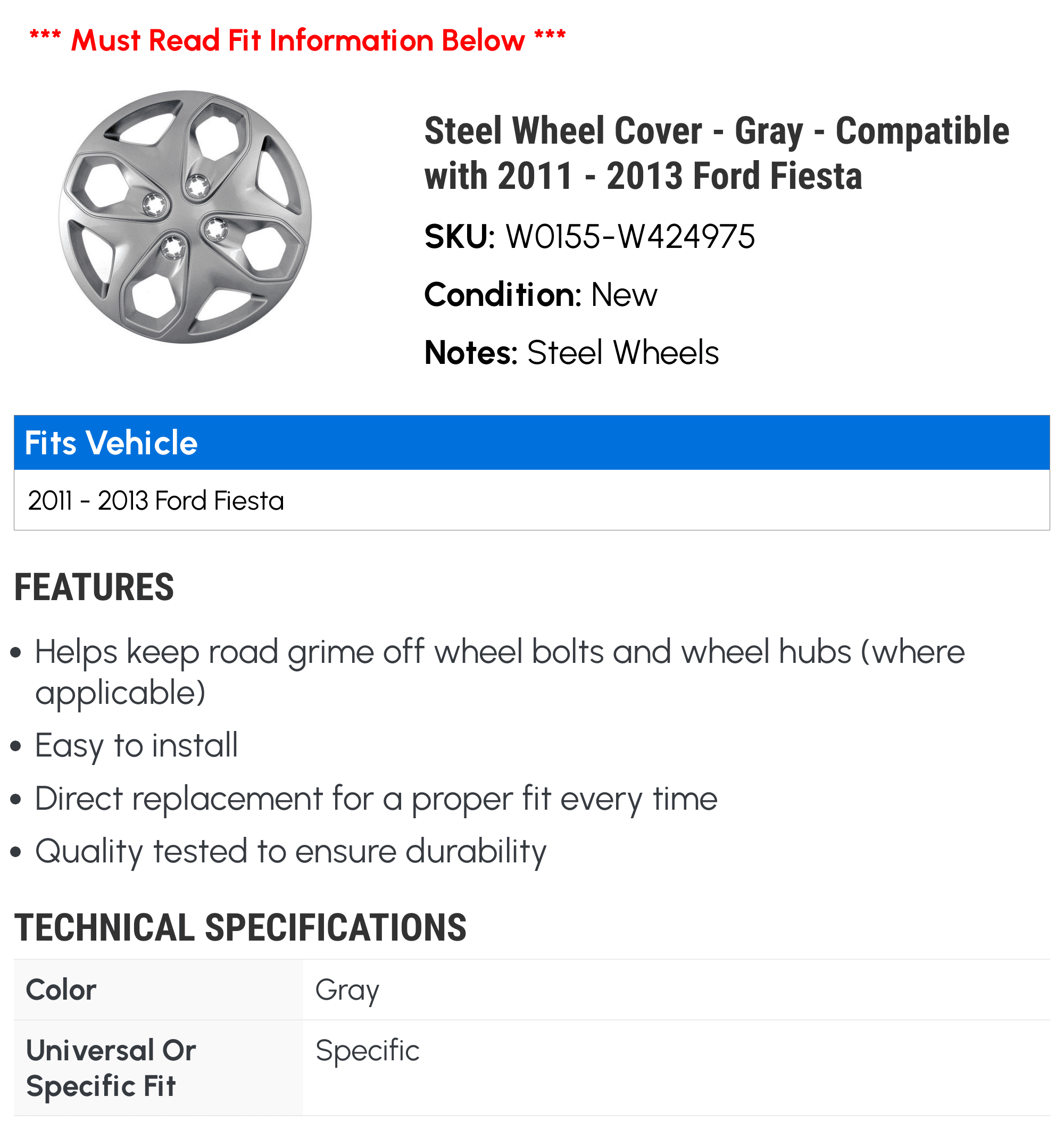 Steel Wheel Cover - Gray - Compatible with 2011 - 2013 Ford Fiesta 2012