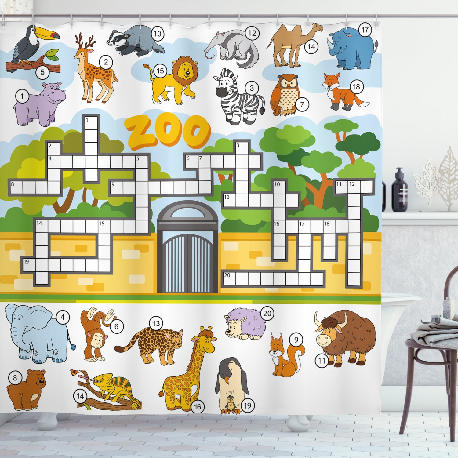 word search puzzle shower curtain zoo themed education game with different animals numbers and words print fabric bathroom set with hooks 69w x 70l inches multicolor by ambesonne walmart com
