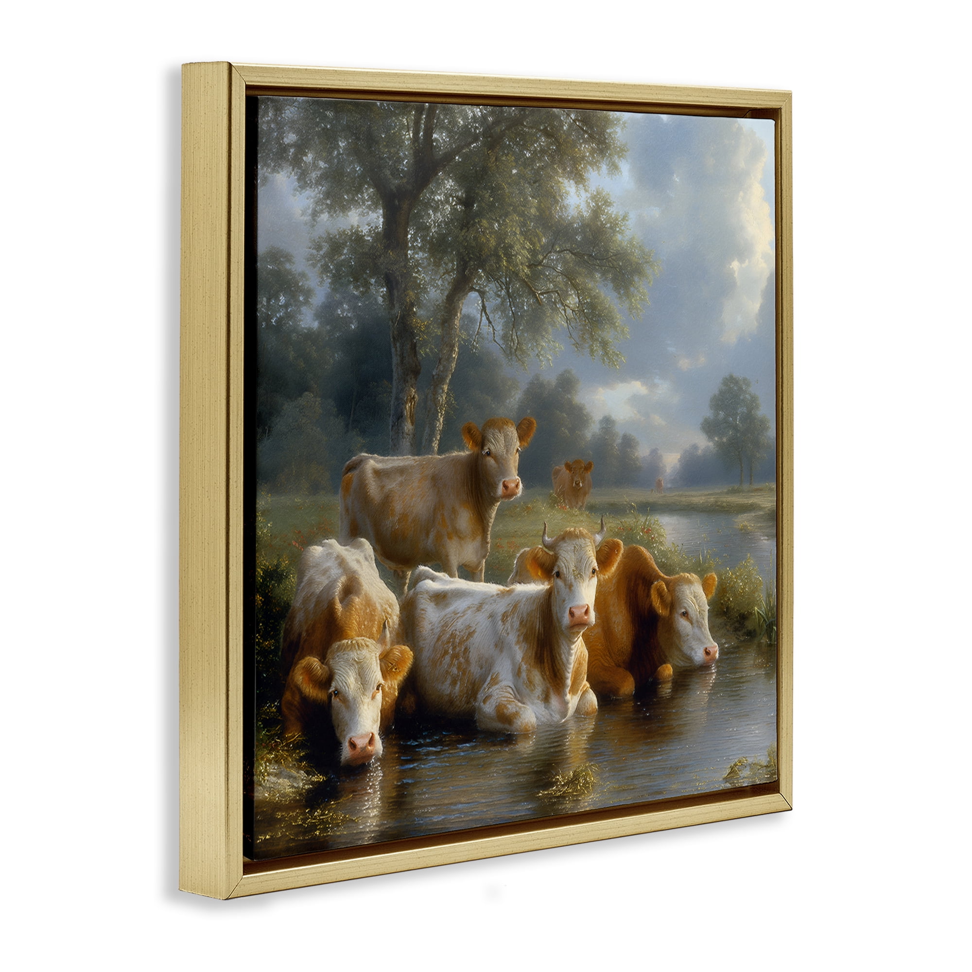 Stupell Industries Cow Family at Creek Animals Painting Gold Floater Framed Canvas Art Print Wall Art, 25 x 25
