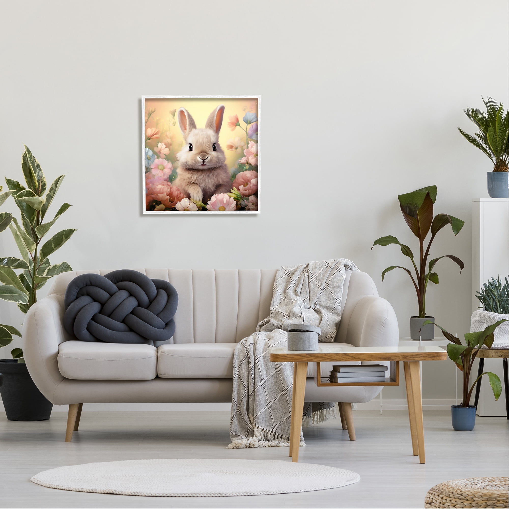 Stupell Industries Bunny in Meadow Animals & Insects Painting White Framed Art Print Wall Art, 24 x 24