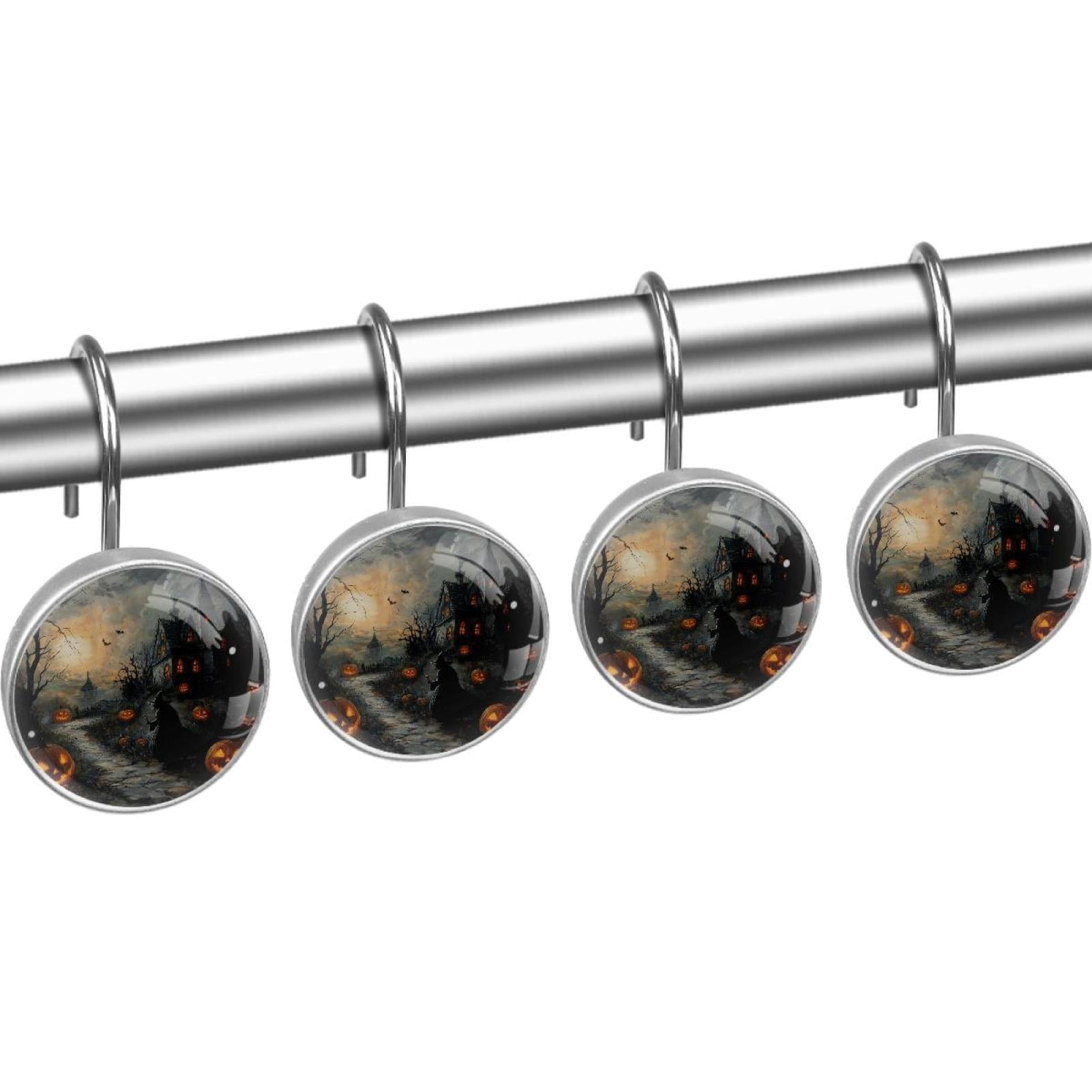 Halloween Witch Castle Pumpkins Shower Curtain Hooks Round Crystal Glass, Set of 12 Shower Curtain Rings - Shower Hooks for Curtain Shower Rings