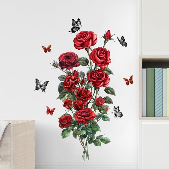 Valentines Day Decorations Wall Decor Heart Rose Wall Stickers Removable Self-Adhesive PVC Decals for Bedroom Living Room Home Decoration Love Theme Party Festival Decor A
