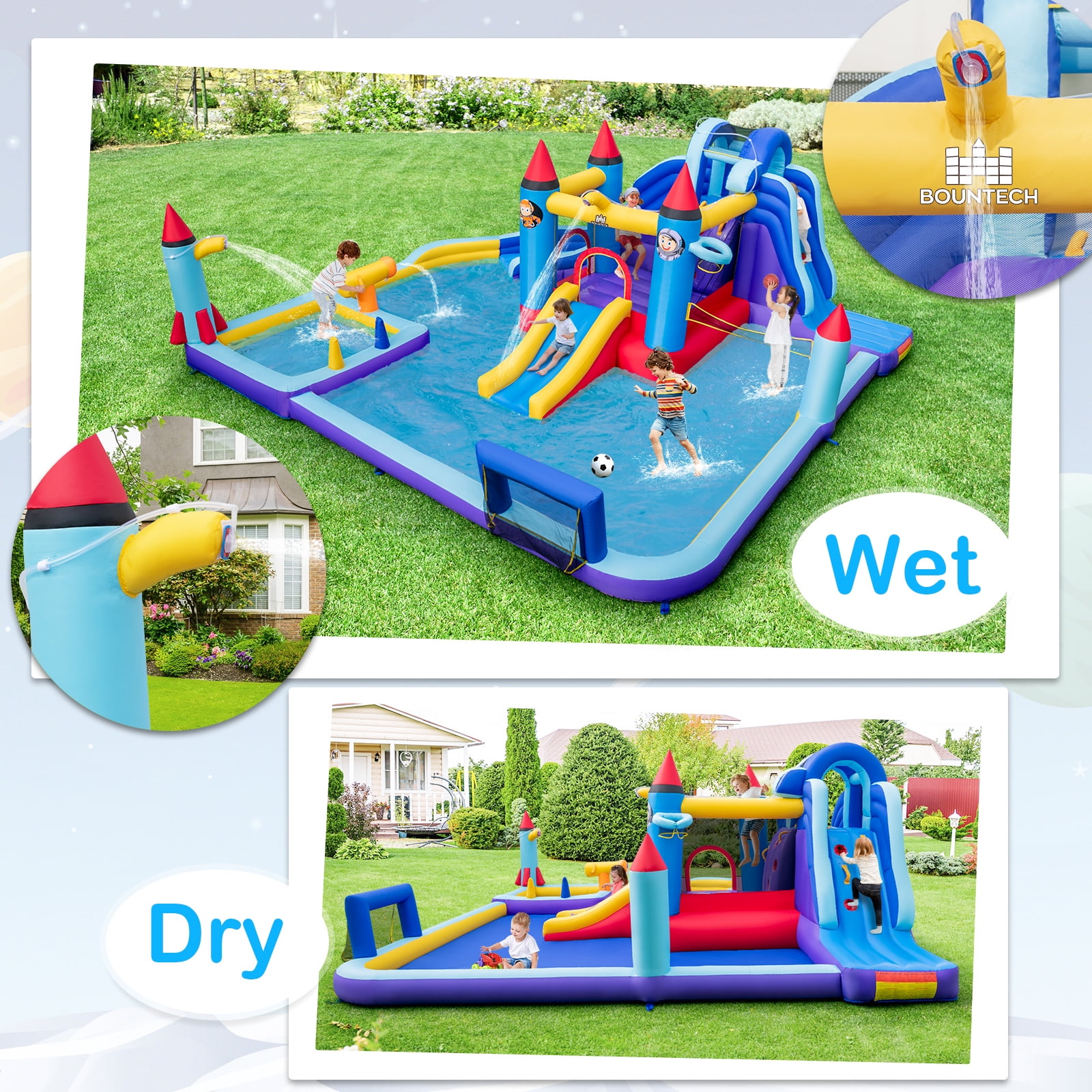 Infans Rocket Theme Inflatable Water Slide Park w/2 Slides Splash Pool Blower Excluded
