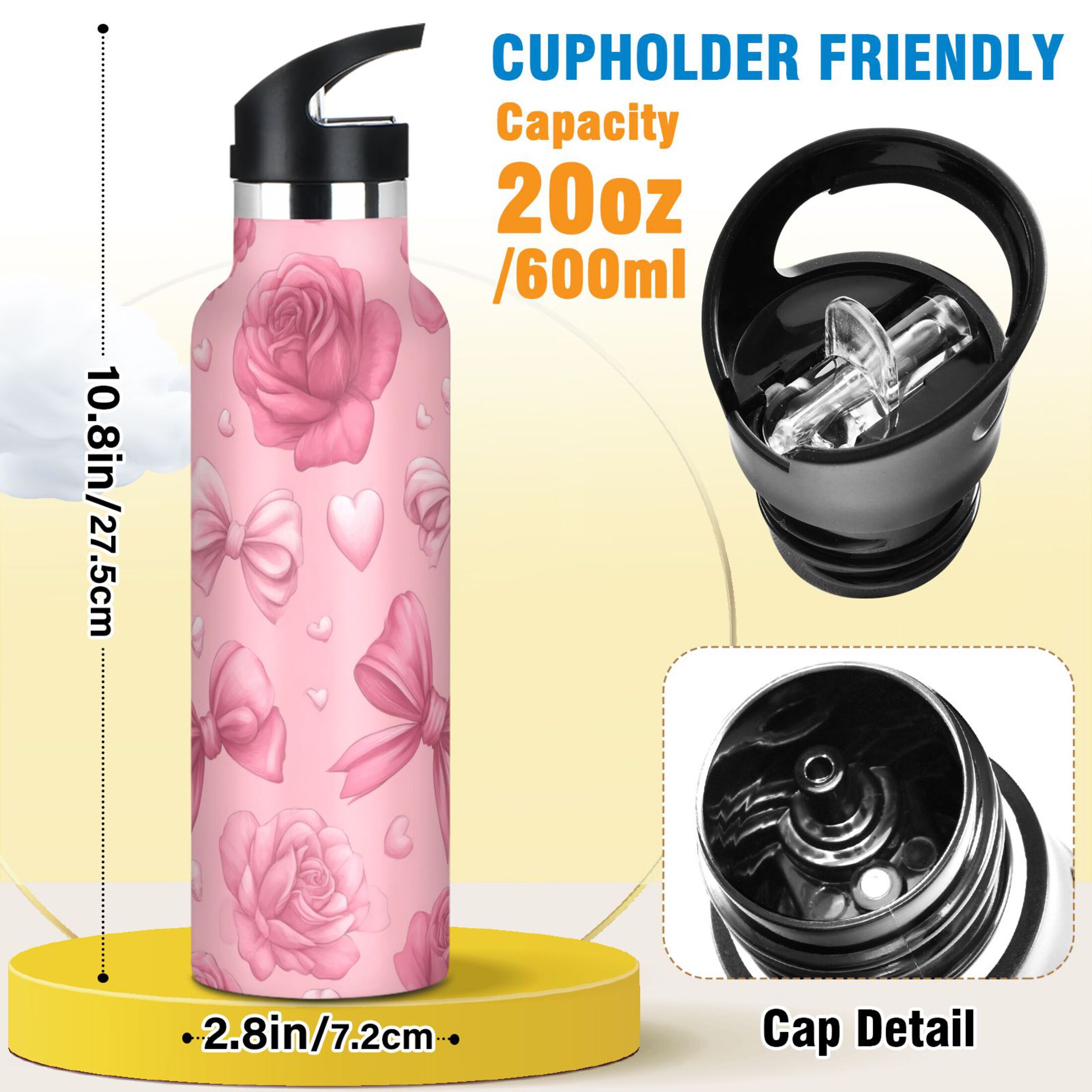 Kids Insulated Stainless Steel Sports Water Bottle 600ml (20oz) Roses and Bows Pattern