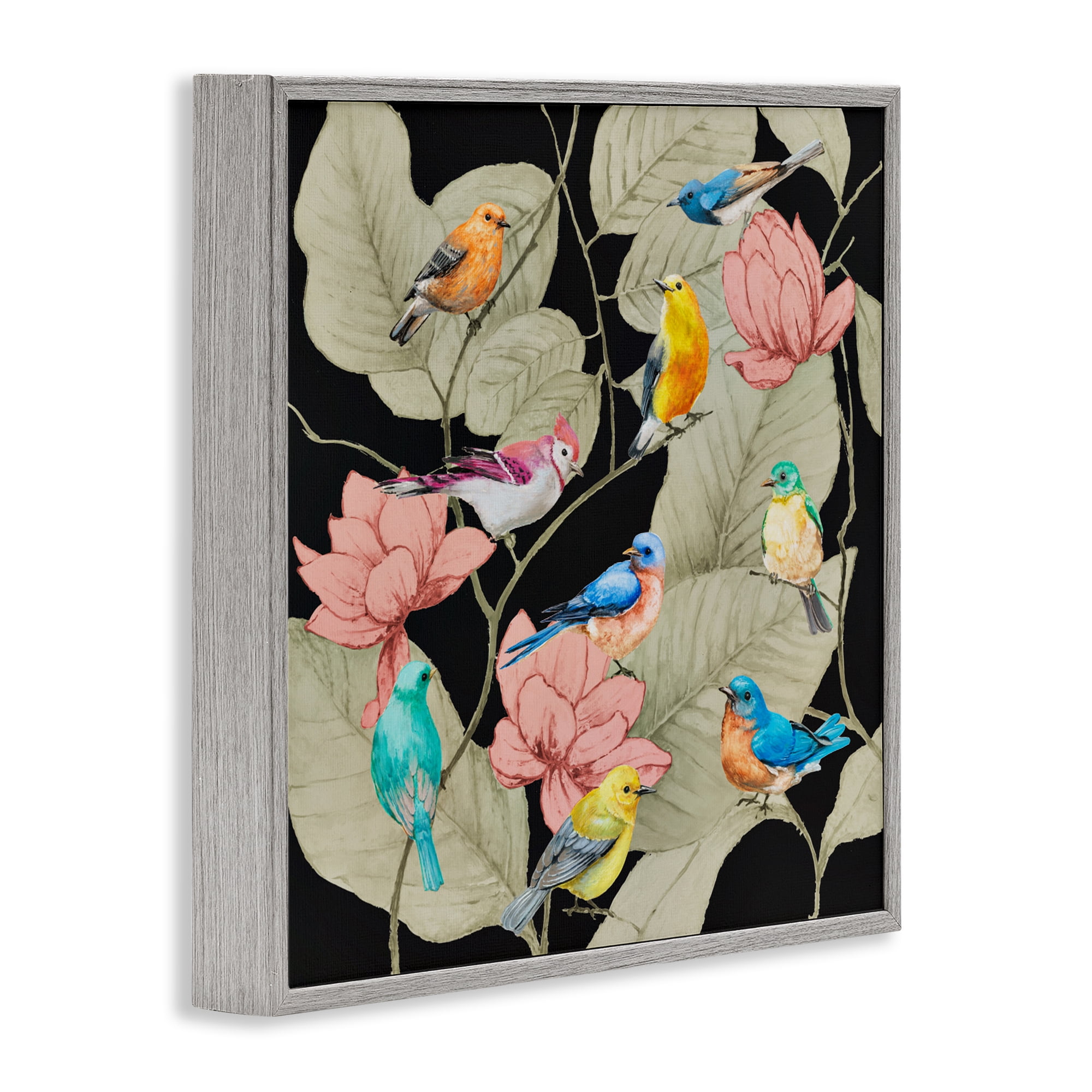 Stupell Industries Colorful Birds & Leaf Motif Gray Framed Giclee Art, design by Lorenzo Collective