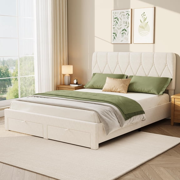 GIMMYFIVE 41.73 in Velvet Upholstered and Button-Tufted Headboard Standard Bed Frame, Full