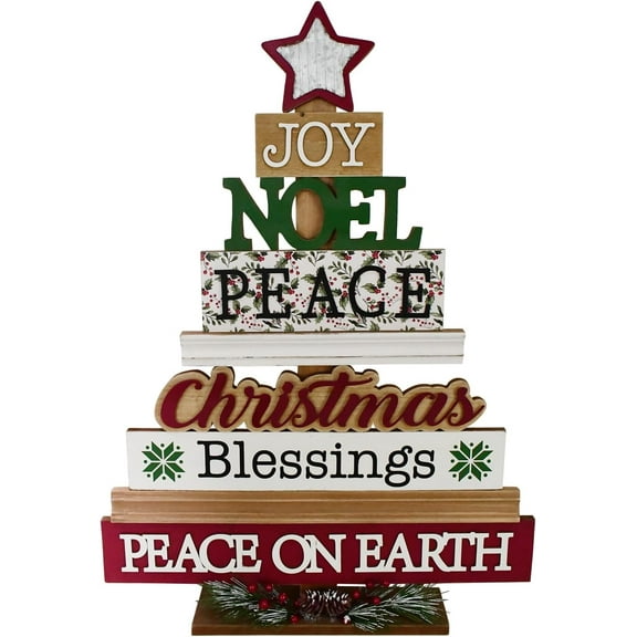 Wooden Christmas Tree Table Decoration Free-Standing Decorative Joy Noel Peace Letter Sign Wood Merry Xmas Centerpieces Winter Holiday Decor for Home Party Office Ornaments 25.2 Inch