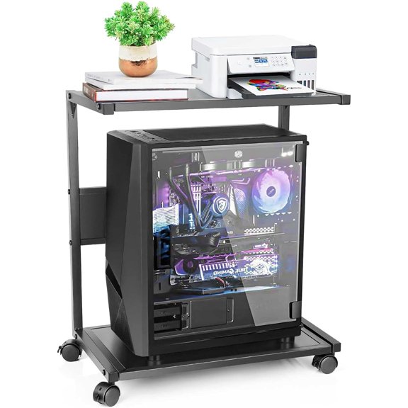 PC Stand Computer Tower Stand 2-Tier Metal CPU Holder with Locking Caster Wheels Suitable for Most PC (Black, L)