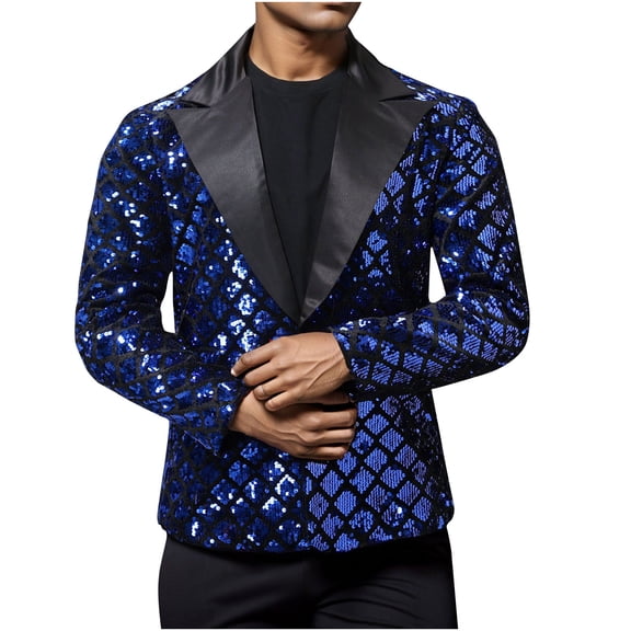 ZVNAΖH Men's Sequin One-Button Blazer, Shawl Lapel Sparkle Stage Performance Suit Jacket, Shiny Party Outerwear, S-2XL