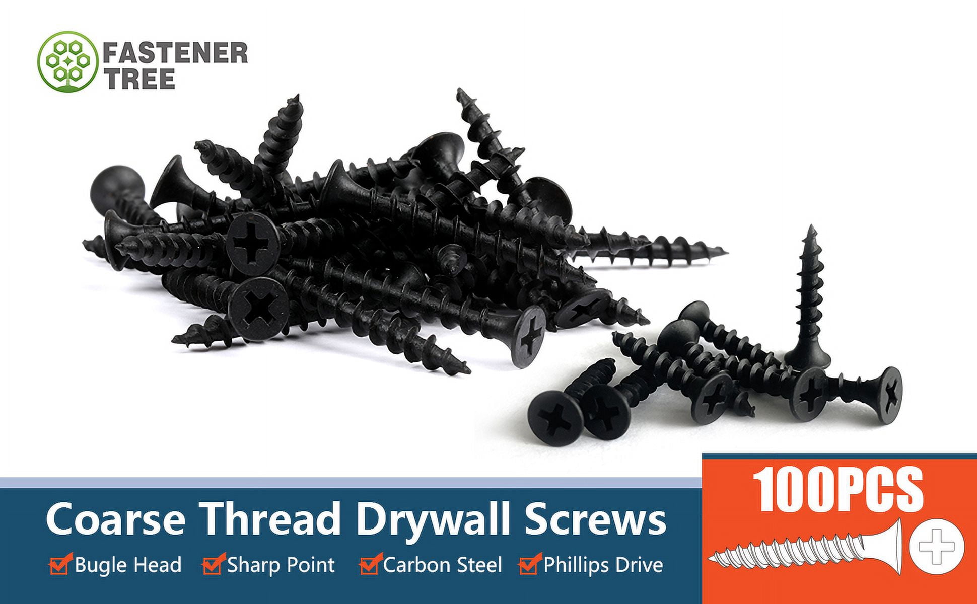 FASTENER TREE #8x1-1/4" Drywall Screws, Coarse Thread, Bugle Head, Black Phosphate 100PCS