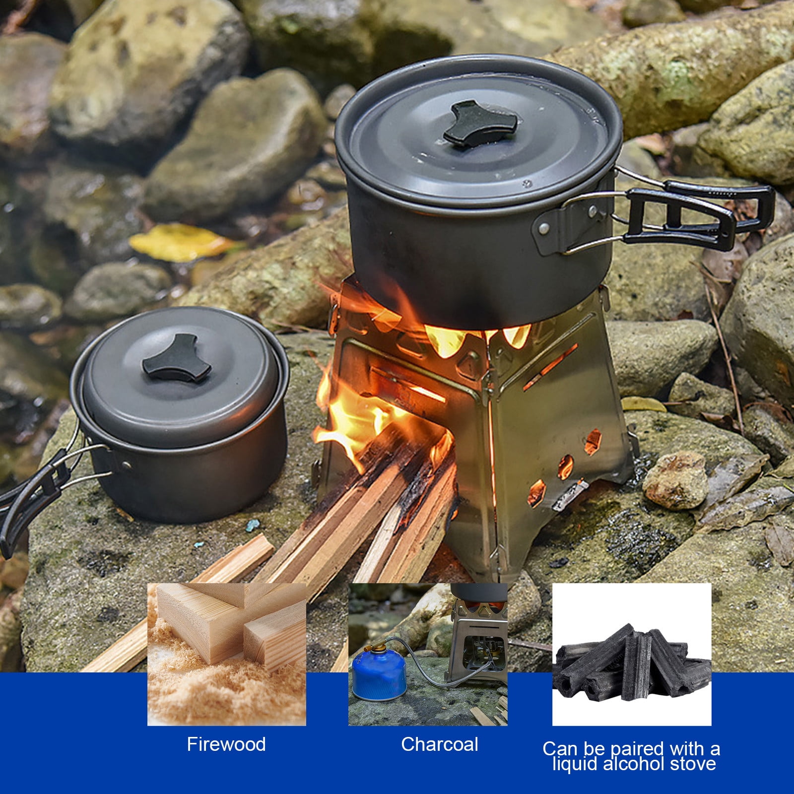 Stainless Steel Backpacking Stove, 6.2x7x4.3inch Portable Folding Camping Stove, Compact Durable Wood Burning Stove for Outdoor Cooking Hiking Camping Picnic BBQ and Bushcraft Survival