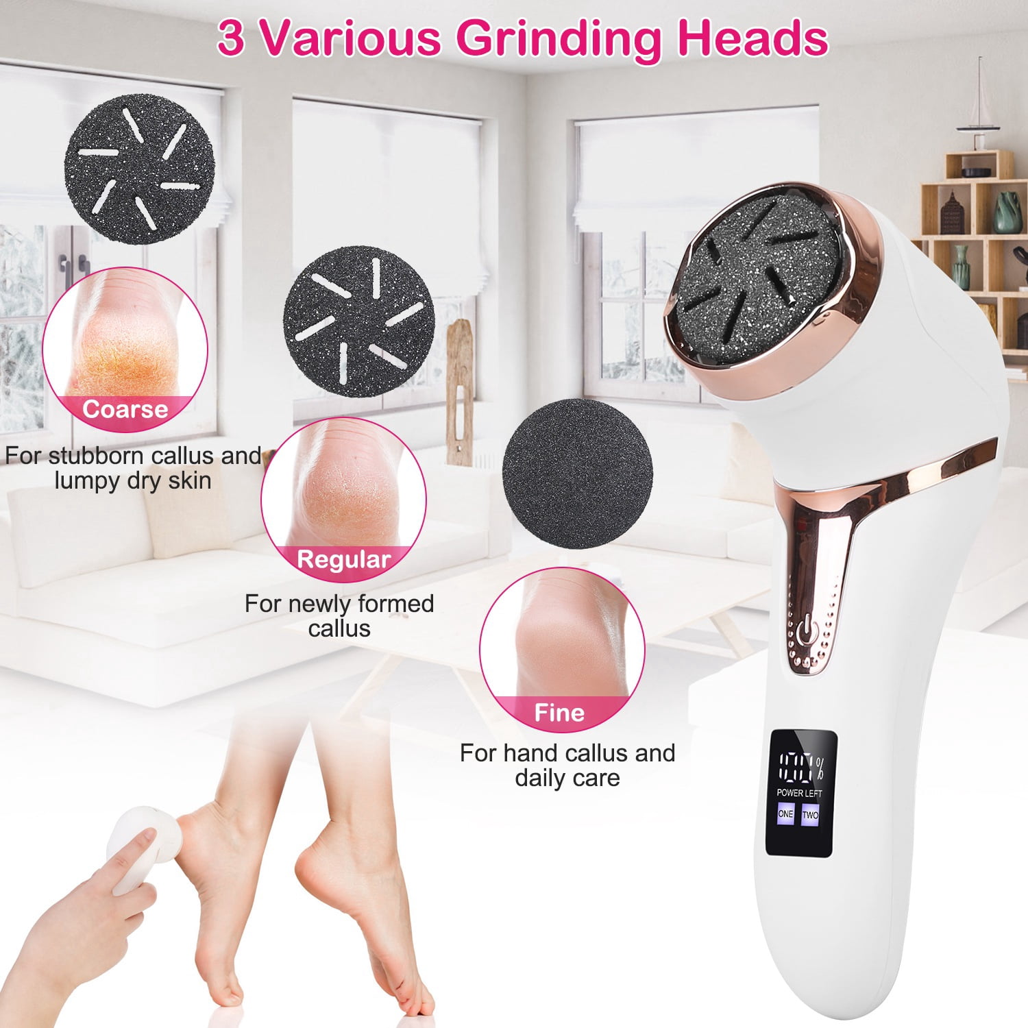 TeqHome Electric Foot Callus Remover Rechargeable Foot Scrubber with 3 Grinding Heads 2 Speeds Waterproof Foot File Perfect for Dead Hard Cracked Dry Skin