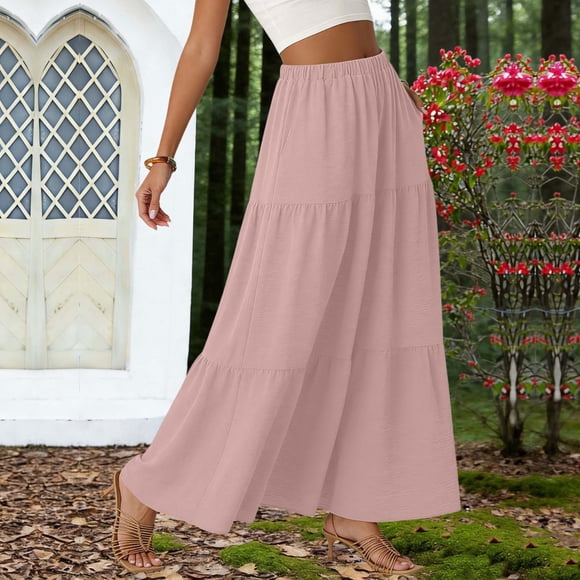 TaTaai Women's Summer Solid Color High Waist Pleated Maxi Half Skirt Casual Elegant Flowy Skirt with Pockets and Waist Belt Gift