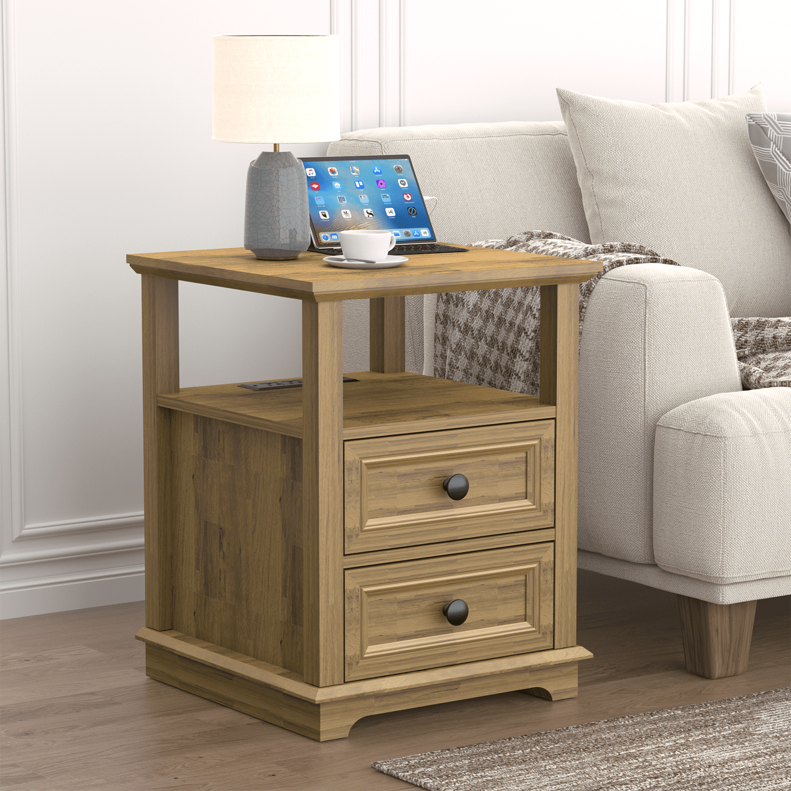 REDAYFUR End Table with Fast USB C Charging Station, 24” Tall Sofa Side Table with 2 Drawers, Large Storage Rustic Wood Square Storage Cabinet for Living Room,Bedroom,Office, Light Brown