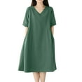 thumbnail image 2 of SMihono Stylish Midi Dresses for Women Casual V Neck Half Sleeve A Line Dress Flowy Swing Pleated Mid-Calf Length Dress with Pockets Green XL, 2 of 9