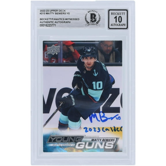 Matty Beniers Seattle Kraken Autographed 2022-23 Upper Deck Series 1 Young Guns #213 Beckett Fanatics Witnessed Authenticated 10 Rookie Card with "2023 Calder" Inscription - Fanatics Authentic