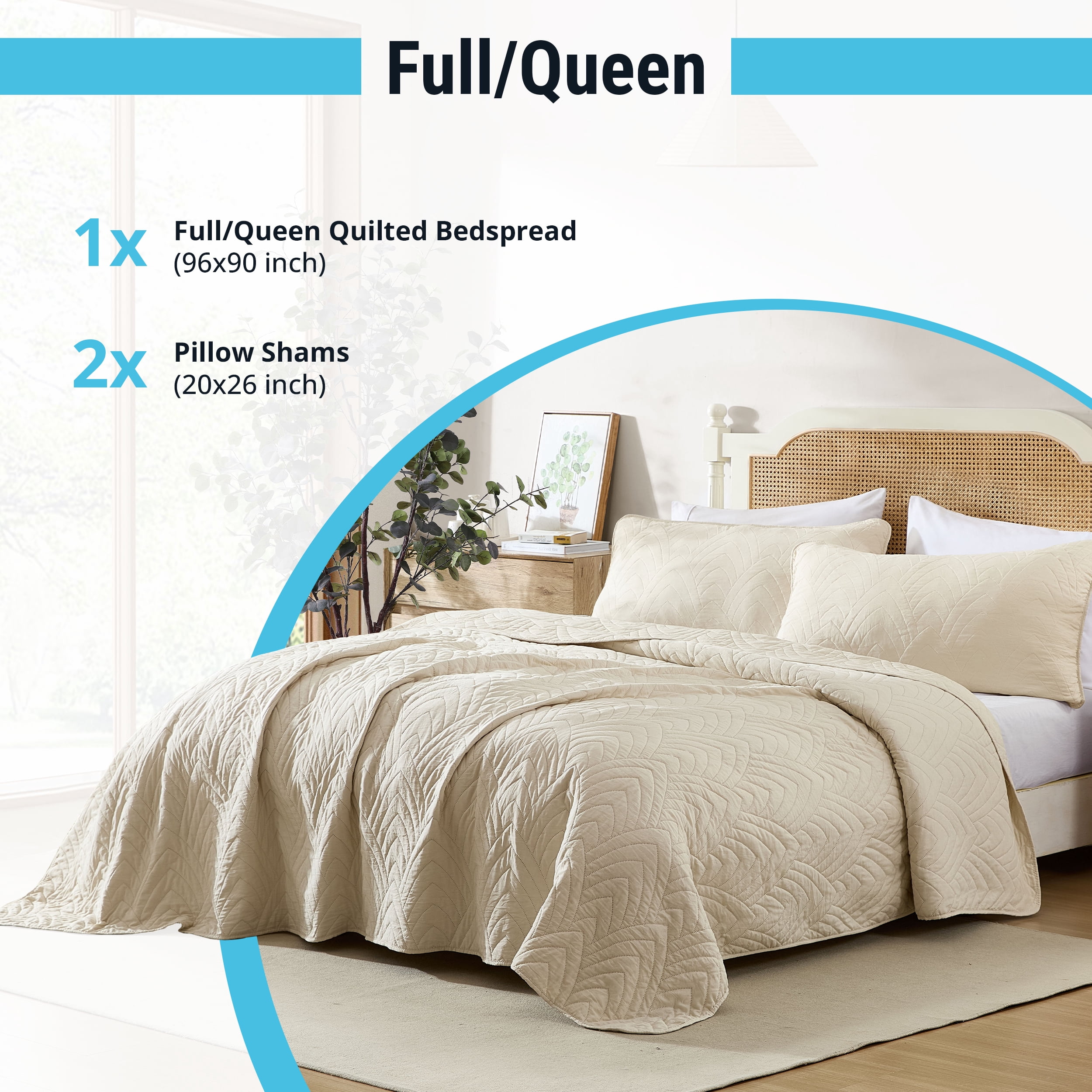 THD Winston - 3 Piece Full Queen Size Quilt Set, Lightweight Queen Bedspread Coverlet Set (Full/Queen, Beige)