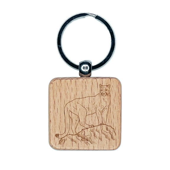 Proud Cougar Mountain Lion Square Keychain Charm Tag - Engraved Wood