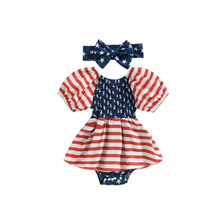 

Newborn 4th of July Outfit Baby Girl Dress Romper Cute Smocked Dresses Onesie My First Fourth of July Clothes 0-3 Months F Stars Stripes Red