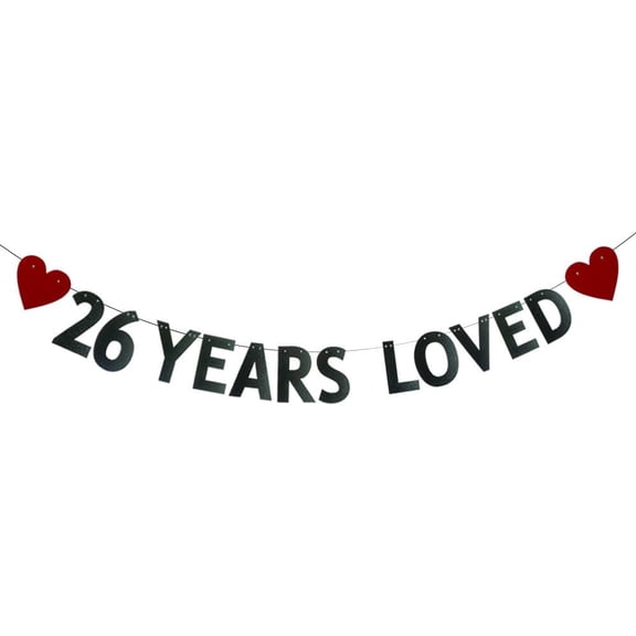 26 Years Loved Banner，26th Birthday/Wedding Anniversary Party Decorations Supplies，Black Glitter Paper Garlands Backdrops, Letters Black